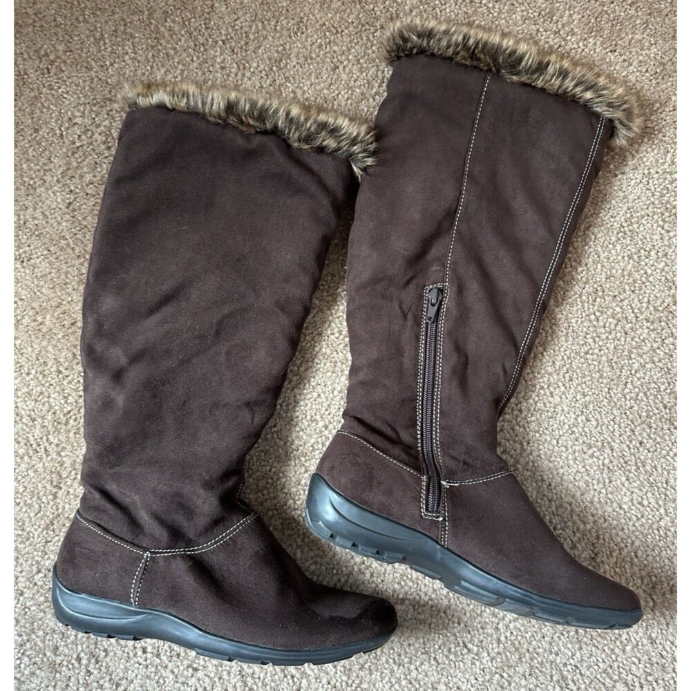 Natural Soul by Naturalizer Brown Faux Suede Tall Boots Faux Fur Trim Zip 6.5